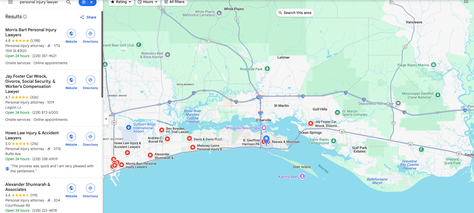 Screenshot of a Google Maps search for personal injury lawyers along the Gulf Coast, showing law firm locations with red pins from Gulfport, MS to Pensacola, FL. The left sidebar lists firms—highlighting why you should Optimize Your Google Business Profile.